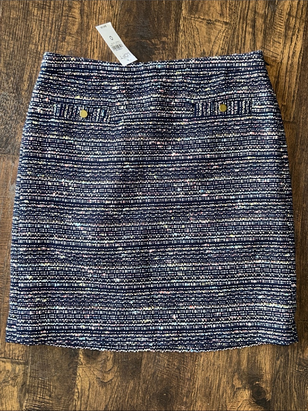 LOFT Navy Tweed Pencil Skirt with Gold Button Accents NWT